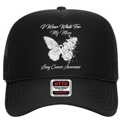 Butterfly I Wear White For My Mom Lung Cancer Awareness High Crown Mesh Back Trucker Hat