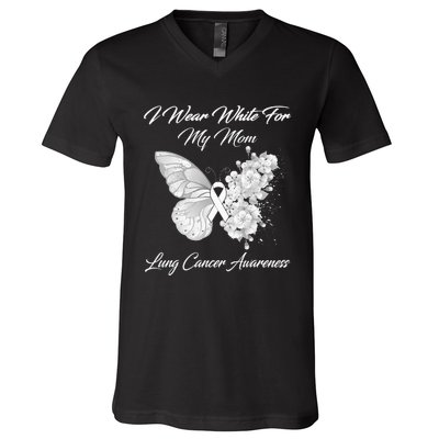 Butterfly I Wear White For My Mom Lung Cancer Awareness V-Neck T-Shirt