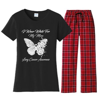 Butterfly I Wear White For My Mom Lung Cancer Awareness Women's Flannel Pajama Set