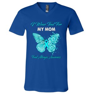 Butterfly I Wear Teal For My Mom Food Allergies Awareness Funny Gift V-Neck T-Shirt