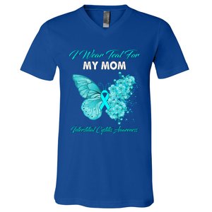 Butterfly I Wear Teal For My Mom Interstitial Cystitis Gift V-Neck T-Shirt