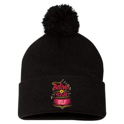 Believe In Your Self Typography Pom Pom 12in Knit Beanie