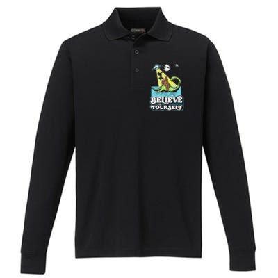 Believe In Yourself Funny Bigfoot Nessie Ufo Alien Unicorns Performance Long Sleeve Polo