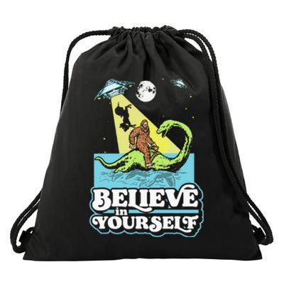 Believe In Yourself Funny Bigfoot Nessie Ufo Alien Unicorns Drawstring Bag