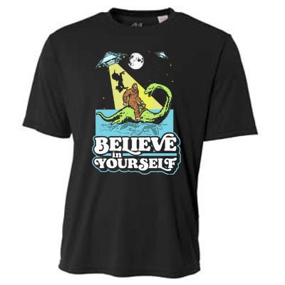 Believe In Yourself Funny Bigfoot Nessie Ufo Alien Unicorns Cooling Performance Crew T-Shirt