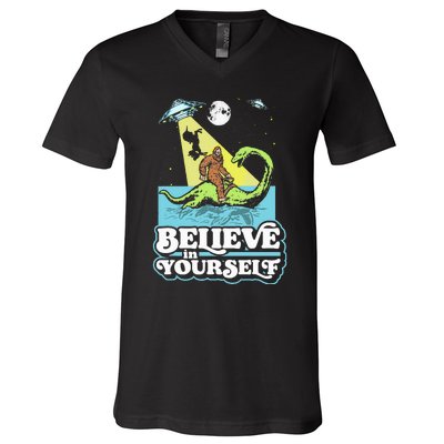 Believe In Yourself Funny Bigfoot Nessie Ufo Alien Unicorns V-Neck T-Shirt