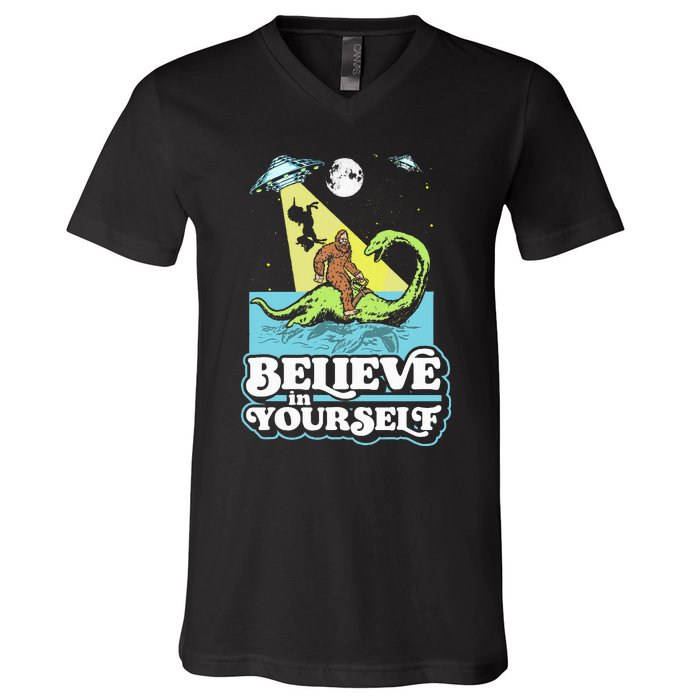 Believe In Yourself Funny Bigfoot Nessie Ufo Alien Unicorns V-Neck T-Shirt