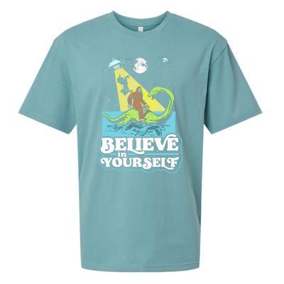 Believe In Yourself Funny Bigfoot Nessie Ufo Alien Unicorns Sueded Cloud Jersey T-Shirt