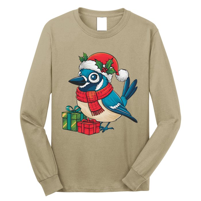 Blue Jay Bird Lover Xmas Party Santa Hat Blue Jay Christmas Long Sleeve Shirt