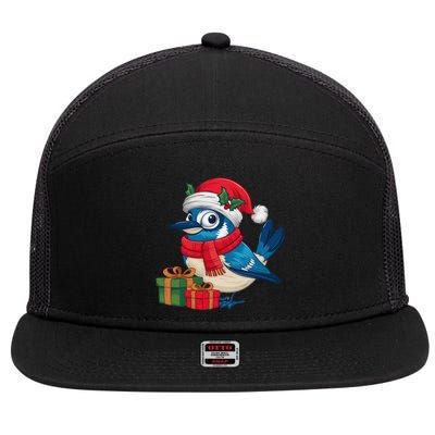 Blue Jay Bird Lover Xmas Holiday Santa Blue Jay Christmas 7 Panel Mesh Trucker Snapback Hat