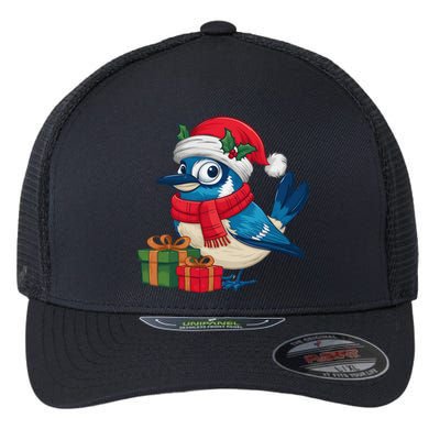 Blue Jay Bird Lover Xmas Holiday Santa Blue Jay Christmas Flexfit Unipanel Trucker Cap