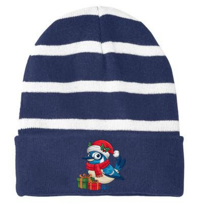 Blue Jay Bird Lover Xmas Holiday Santa Blue Jay Christmas Striped Beanie with Solid Band