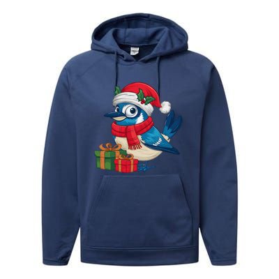 Blue Jay Bird Lover Xmas Holiday Santa Blue Jay Christmas Performance Fleece Hoodie