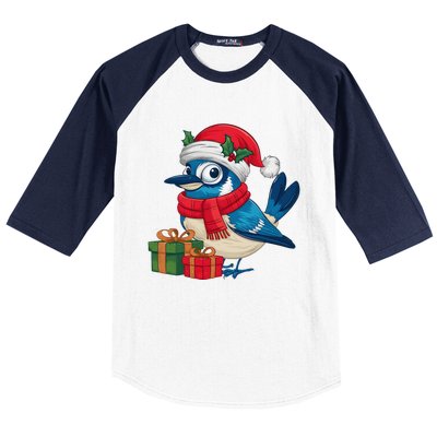 Blue Jay Bird Lover Xmas Holiday Santa Blue Jay Christmas Baseball Sleeve Shirt