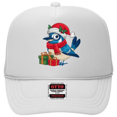 Blue Jay Bird Lover Xmas Holiday Santa Blue Jay Christmas High Crown Mesh Back Trucker Hat