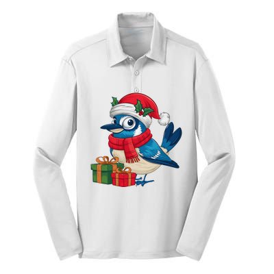 Blue Jay Bird Lover Xmas Holiday Santa Blue Jay Christmas Silk Touch Performance Long Sleeve Polo