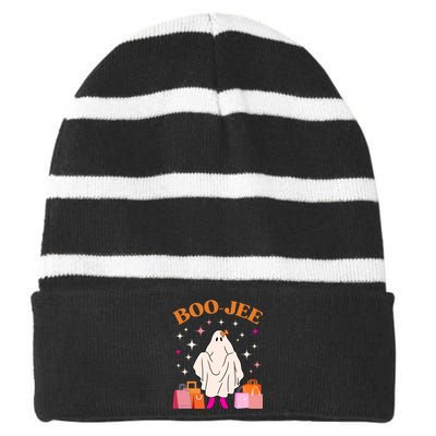 Boo Jee Boujee Funny Halloween Cute Boo Ghost Spooky Costume Striped Beanie with Solid Band