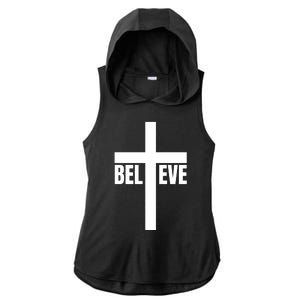 Believe Jesus Christ Cross Easter Faith Ladies PosiCharge Tri-Blend Wicking Draft Hoodie Tank