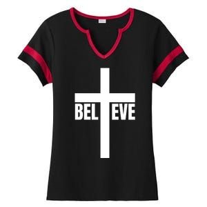 Believe Jesus Christ Cross Easter Faith Ladies Halftime Notch Neck Tee