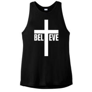 Believe Jesus Christ Cross Easter Faith Ladies PosiCharge Tri-Blend Wicking Tank