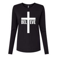 Believe Jesus Christ Cross Easter Faith Womens Cotton Relaxed Long Sleeve T-Shirt