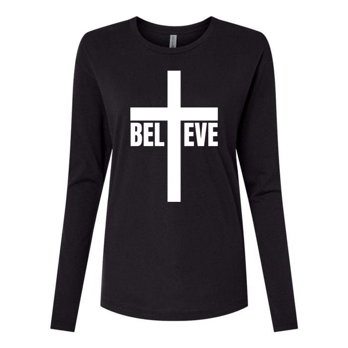 Believe Jesus Christ Cross Easter Faith Womens Cotton Relaxed Long Sleeve T-Shirt