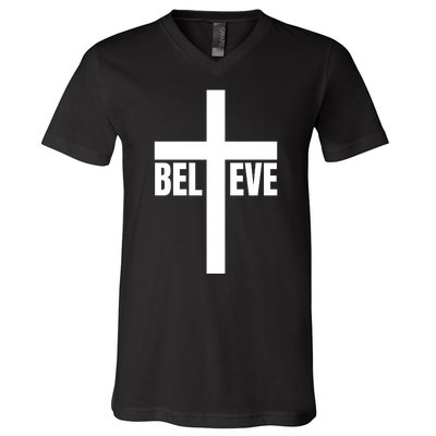 Believe Jesus Christ Cross Easter Faith V-Neck T-Shirt