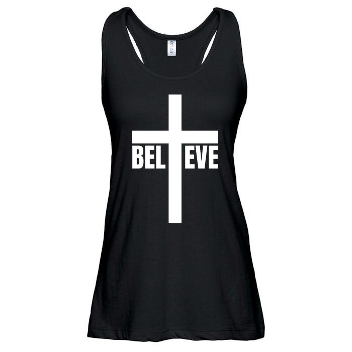 Believe Jesus Christ Cross Easter Faith Ladies Essential Flowy Tank