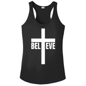 Believe Jesus Christ Cross Easter Faith Ladies PosiCharge Competitor Racerback Tank