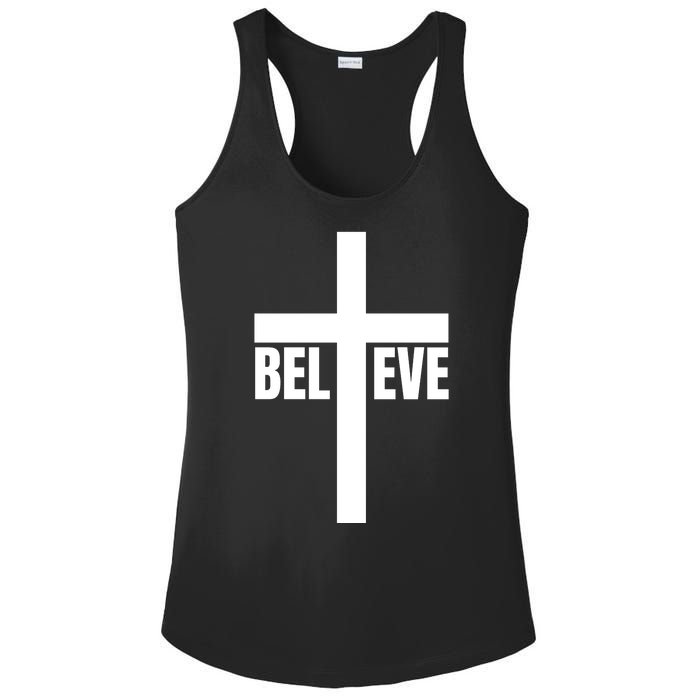 Believe Jesus Christ Cross Easter Faith Ladies PosiCharge Competitor Racerback Tank