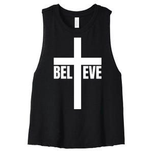 Believe Jesus Christ Cross Easter Faith Women's Racerback Cropped Tank