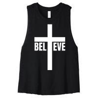 Believe Jesus Christ Cross Easter Faith Women's Racerback Cropped Tank