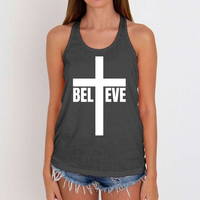 Believe Jesus Christ Cross Easter Faith Women's Knotted Racerback Tank