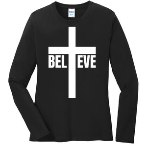 Believe Jesus Christ Cross Easter Faith Ladies Long Sleeve Shirt