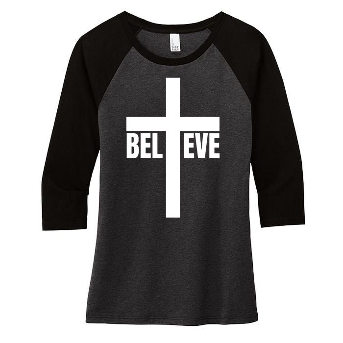 Believe Jesus Christ Cross Easter Faith Women's Tri-Blend 3/4-Sleeve Raglan Shirt