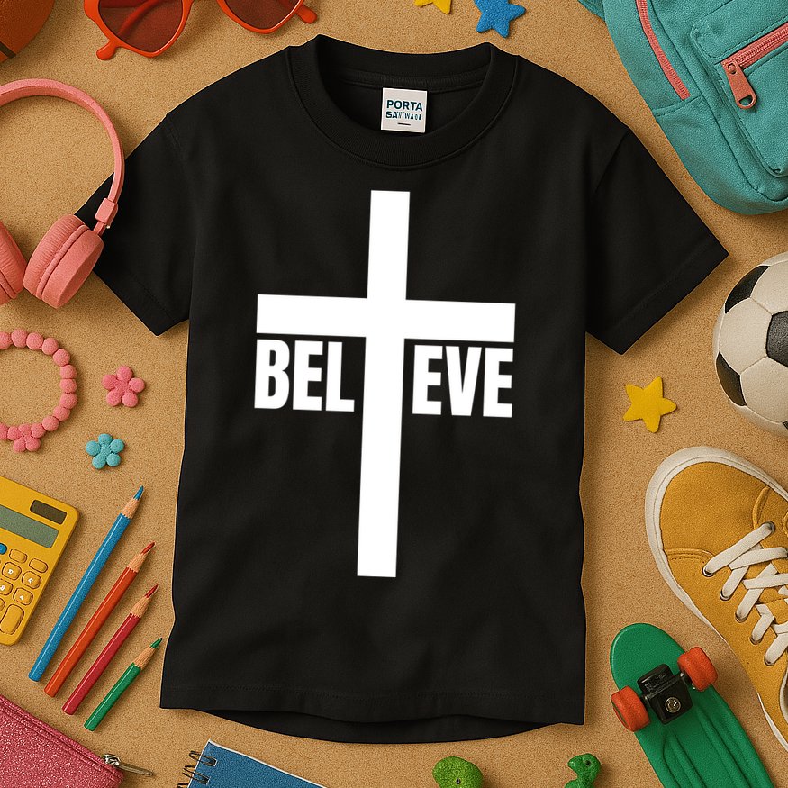 Believe Jesus Christ Cross Easter Faith Kids T-Shirt