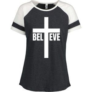 Believe Jesus Christ Cross Easter Faith Enza Ladies Jersey Colorblock Tee