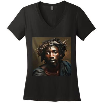 Black Jesus Christianity Church Christ Jesus Women's V-Neck T-Shirt
