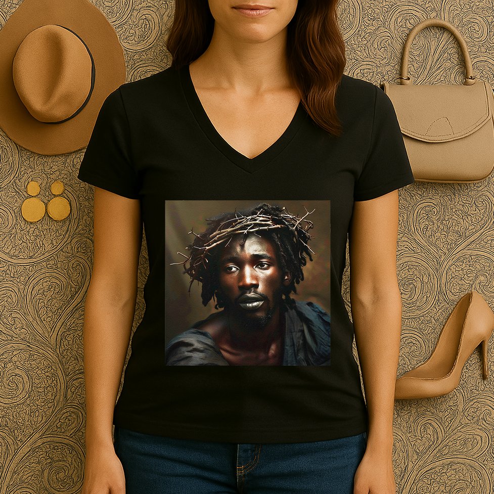 Black Jesus Christianity Church Christ Jesus Women's V-Neck T-Shirt