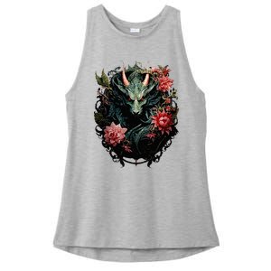 Beautiful Jade Dragon Floral Art Noveau Ladies PosiCharge Tri-Blend Wicking Tank