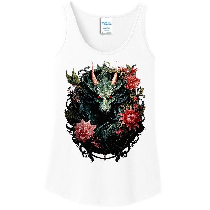 Beautiful Jade Dragon Floral Art Noveau Ladies Essential Tank