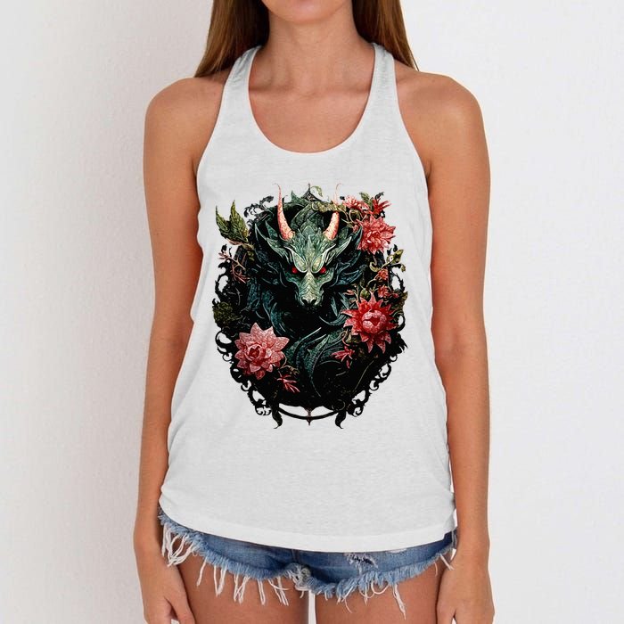 Beautiful Jade Dragon Floral Art Noveau Women's Knotted Racerback Tank