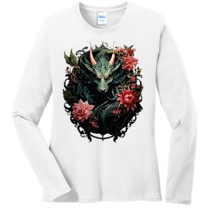 Beautiful Jade Dragon Floral Art Noveau Ladies Long Sleeve Shirt