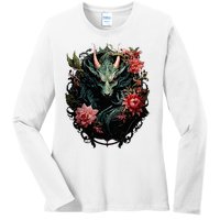 Beautiful Jade Dragon Floral Art Noveau Ladies Long Sleeve Shirt