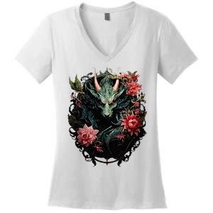 Beautiful Jade Dragon Floral Art Noveau Women's V-Neck T-Shirt