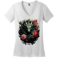 Beautiful Jade Dragon Floral Art Noveau Women's V-Neck T-Shirt