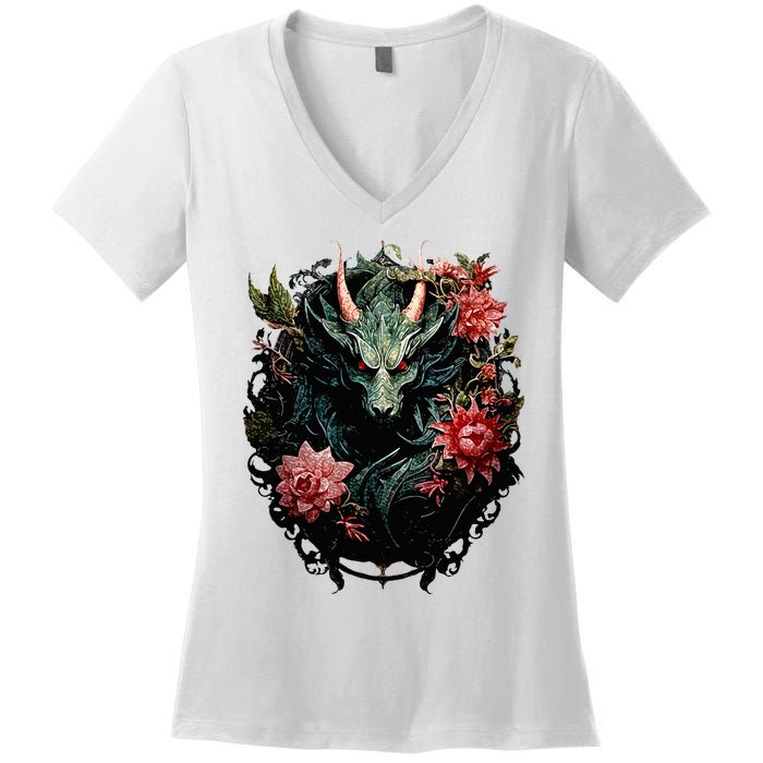 Beautiful Jade Dragon Floral Art Noveau Women's V-Neck T-Shirt