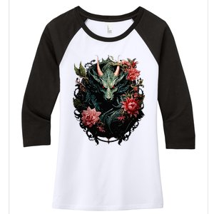 Beautiful Jade Dragon Floral Art Noveau Women's Tri-Blend 3/4-Sleeve Raglan Shirt