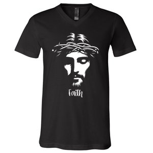 Beautiful Jesus Face Crown Of Thorns Christian Faith Peace V-Neck T-Shirt