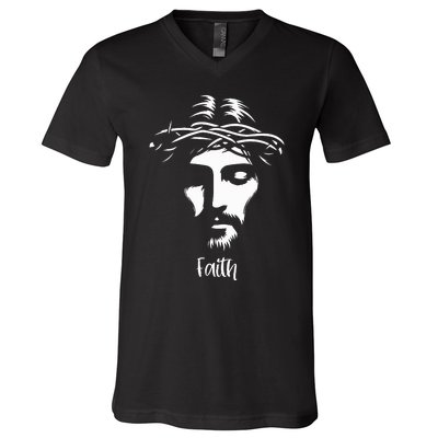 Beautiful Jesus Face Crown Of Thorns Christian Faith Peace V-Neck T-Shirt